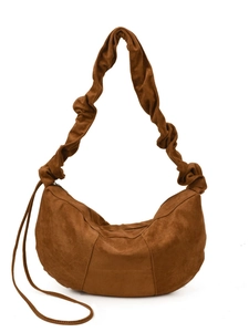 Dark brown crescent shoulder bag with ruched strap and minimalist suede finish