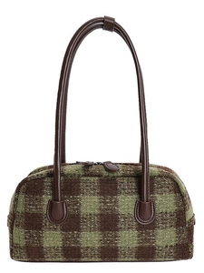 Sac cabas à carreaux vert vintage avec poignées en cuir marron et fermeture éclair double
