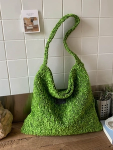 Neon groen wollen tote bag met grote capaciteit en geweven textuur winter mode