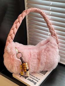 Women Plush Shoulder Bag Braided Handle Faux Fur Handbag With Beaded Charm Soft Dumpling Bag Casual Travel Fashion Tote