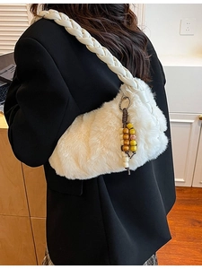 White faux fur hobo bag with braided strap and colorful bead charm for women