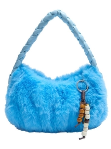 Bright blue plush tote bag with light blue braided handles and bohemian bead accessory