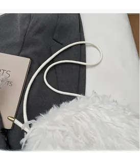 Vue détaillée du sac à bandoulière en peluche blanche avec détails métalliques dorés