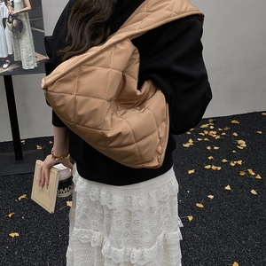 Brown quilted puffer shoulder bag for women with large capacity and soft minimalist texture