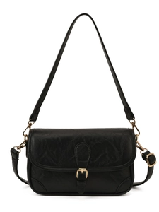 Retro black PU leather shoulder bag with vintage texture and gold buckle on white background
