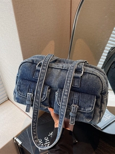 Vintage Washed Denim Underarm Bag For Women Fashion Multi-Pocket Pillow Shoulder Bag Casual Versatile Handbag With Metal Buckles