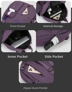Detail view of purple travel backpack showing laptop pocket and anti-theft back pocket
