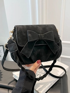 Vintage Bow Decoration Shoulder Bag For Women Suede Feel PU Leather Crossbody Bag Small Square Handbag With Woven Strap