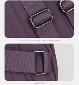 Detail of reinforced purple nylon straps and adjustable metal buckles on the backpack