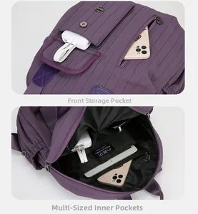 Detail view showing front storage pocket and multi-spec internal pockets of purple backpack