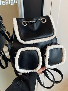 Vintage Women PU Leather Backpack With Faux Fur Trim Metal Chain Decoration Casual Fashion Autumn Winter Plush Small Backpack