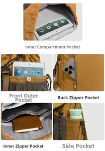Detailansicht des Nylon-Rucksacks mit Farbblock-Design und vielen praktischen Taschen