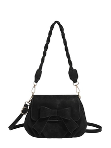 Elegant black shoulder bag with a large bow detail and woven handle on white background