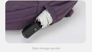 Detail view of the side storage pocket on the purple quilted backpack with a folded umbrella