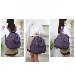 Deep purple travel backpack for women showing single shoulder, double shoulder and hand carry modes