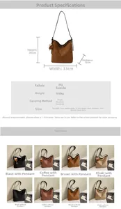 Size chart and specifications for the retro PU suede tote bag with measurements