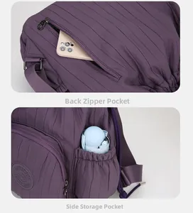Detail eines lila Nylonrucksacks mit Anti-Diebstahl-Tasche und elastischen Seitentaschen