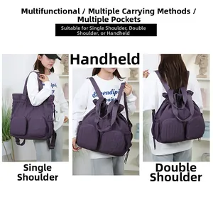 Dunkelvioletter multifunktionaler Rucksack mit Kordelzug und zwei Vordertaschen Detail