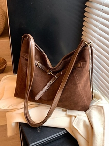 Retro large brown suede tote bag with leather straps and metal buckles for daily commuting