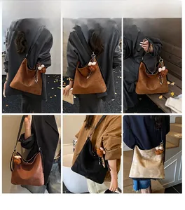 Multiple views of models wearing retro suede hobo tote bags in brown, black, and beige