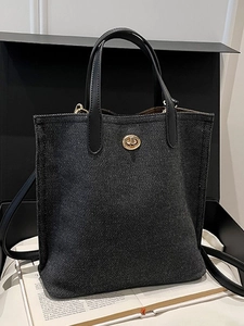 Women's Niche Denim Texture Bucket Tote Bag With PU Leather Handle Golden Turn-lock Fastening Crossbody Shoulder Bag For Daily Commuting