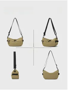 Vues détaillées montrant un sac bandoulière croissant en nylon kaki sous plusieurs angles