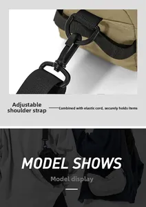 Détail de la sangle en nylon réglable et du cordon élastique sur le sac kaki