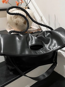 Minimalist Large Capacity PU Leather Tote Bag For Women With Folded Lid Hollow Handle And Twisted Rope Strap Crossbody Bag