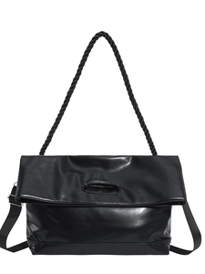 Chic black tote bag with fold-over top handle and stylish woven rope shoulder strap