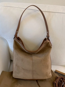 Large Capacity PU Suede Look Bucket Crossbody Bag For Women Vintage Commute Shoulder Bag Adjustable Strap Solid Color