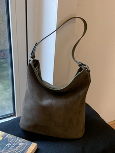 Olive green frosted suede hobo bag with large capacity and adjustable strap for women