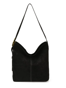 Minimalist black suede hobo bucket bag with white contrast stitching and gold buckle