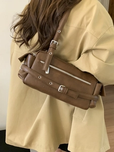 Brown leather baguette bag with silver buckles for women, stylish minimalist shoulder bag