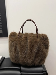Damen Kunstpelz Tragetasche Große Kapazität Plüsch Umhängetasche Mit Geflochtenen Griffen Flauschige Handtasche Herbst Winter Einkaufstasche