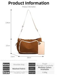 Size chart showing large nylon shoulder bag dimensions with a smartphone for scale