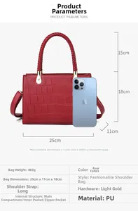 Detailed dimensions of red crocodile pattern PU handbag with size reference to smartphone