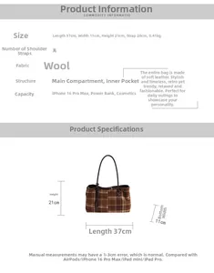Detailed size specifications of the checkered tote bag showing dimensions and wool fabric