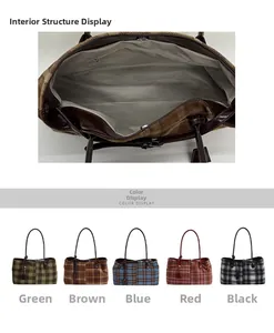Detail of plaid tote bag showing gray lining and zippered inner pocket for storage