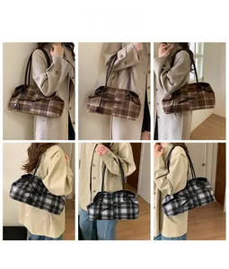 Detail display of large capacity plaid tote bag in brown and monochrome styles