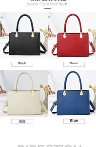 Detailed grid view of faux crocodile leather handbags in black, red, white, and blue colors