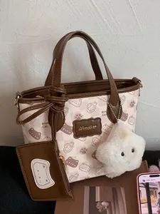 Cartoon Cat Printed PU Leather Bucket Bag For Women Cute Crossbody Shoulder Bag Large Capacity Casual Underarm Bag With Pendant