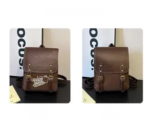 Comparison between embroidered and minimalist brown vintage style leather backpacks