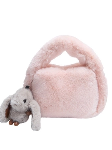 Pink plush faux fur handbag for women with cute grey bunny charm accessory