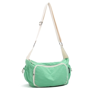 Detail of mint green nylon messenger bag showing spacious compartments and wide strap