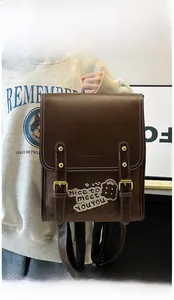 Macro detail of brown leather backpack featuring white stitching and bear embroidery