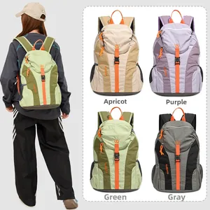 Multi-color lightweight nylon backpack variants in apricot, purple, green, and grey options