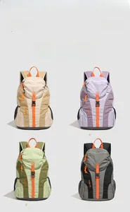 Detailed four-grid display of lightweight travel backpacks in khaki, purple, green and grey