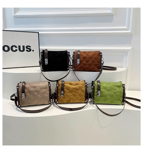 Detailed view of quilted crossbody bags in five colors with vintage metallic locks