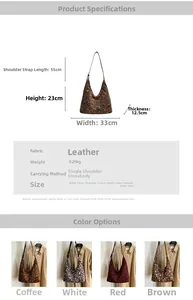 Detailed size chart for large suede leopard print tote bag showing product dimensions