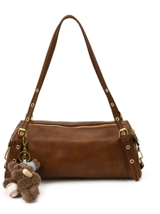 Retro brown faux leather tote bag with vintage texture and cute plush bear pendant